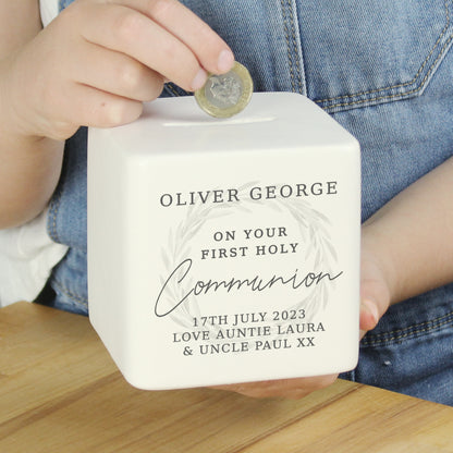 Personalised First Holy Communion Wreath Ceramic Square Money Box