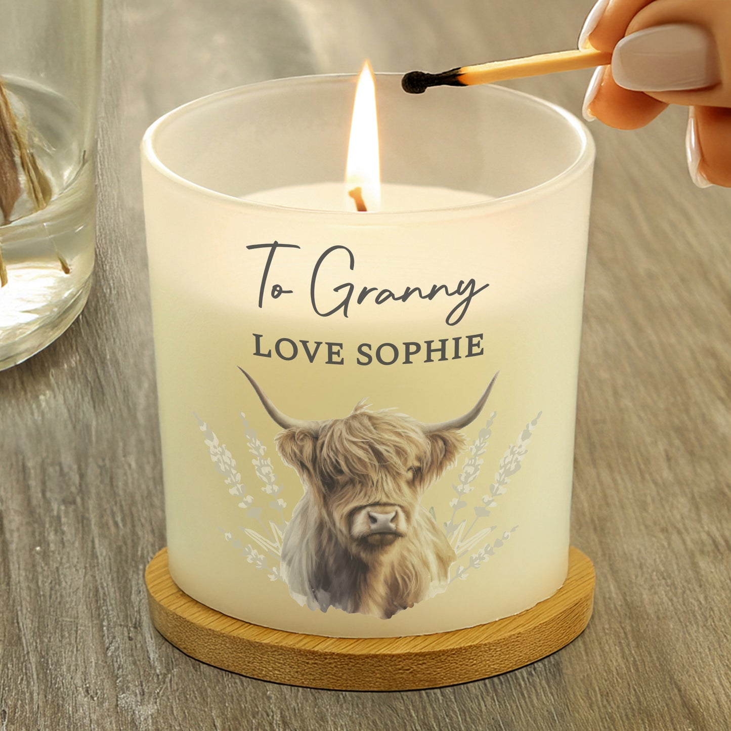 Personalised Highland Cow Frosted Glass Candle