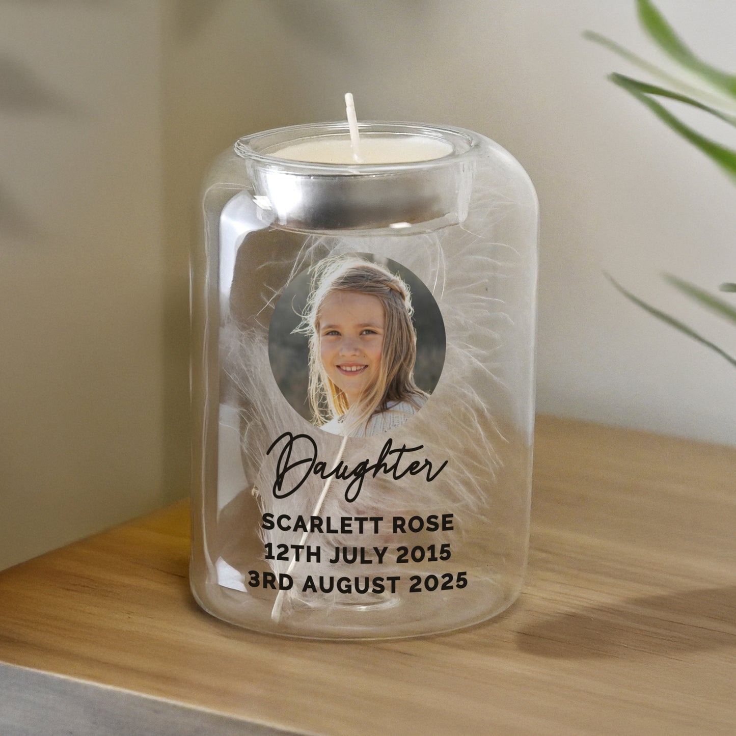 Personalised Photo Upload Memorial Feather Tealight Holder