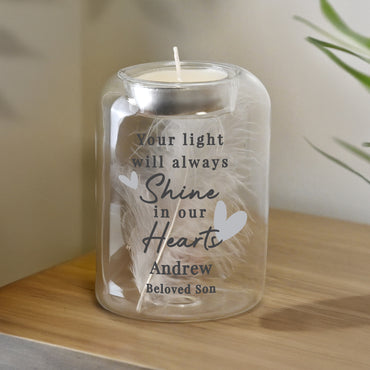 Personalised In Our Hearts Memorial Feather Tealight Holder