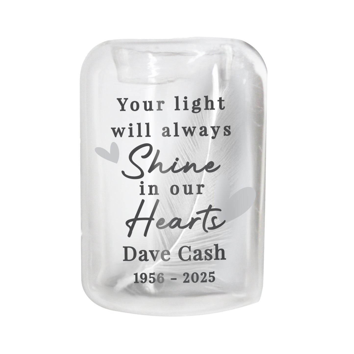 Personalised In Our Hearts Memorial Feather Tealight Holder