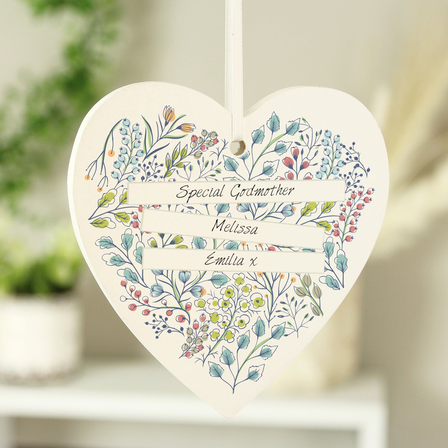 Personalised Botanical Scroll Wooden Heart Decoration