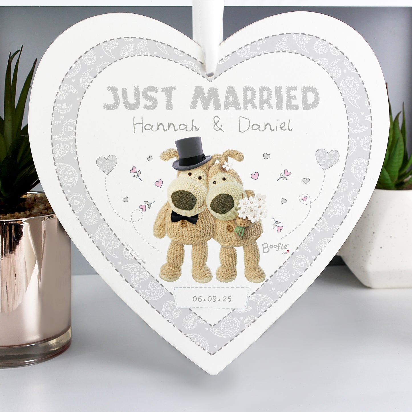 Personalised Boofle Wedding Large Wooden Heart Decoration