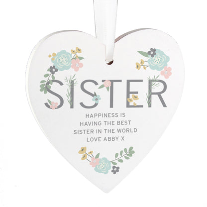 Personalised Sister Floral Wooden Heart Decoration