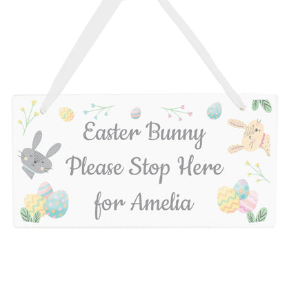 Personalised Easter Bunny Stop Here Wooden Sign