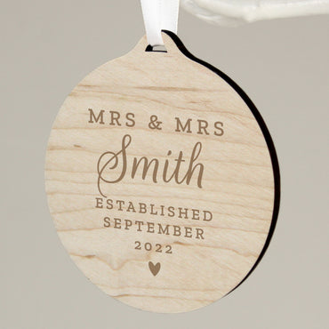 Personalised Mr & Mrs Round Wooden Decoration
