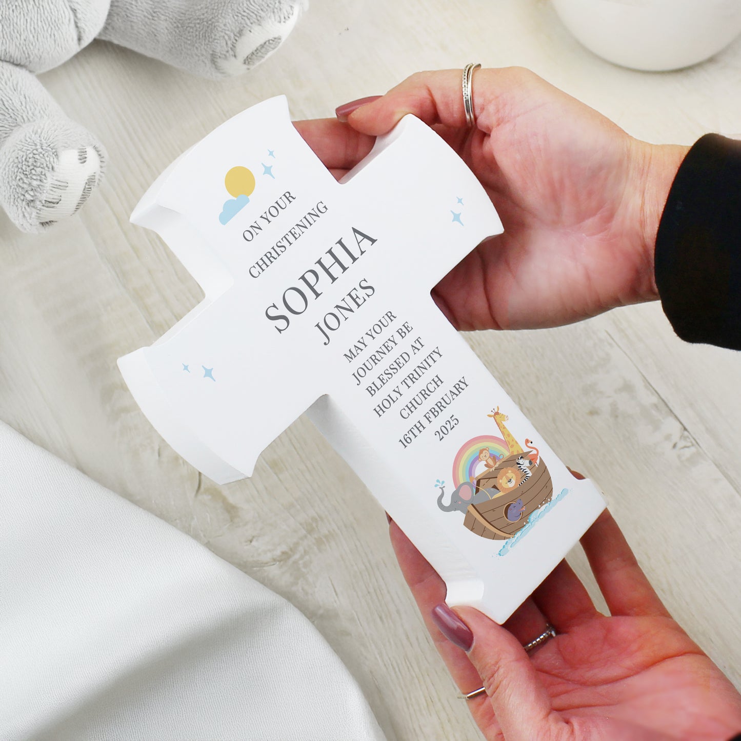 Personalised Noahs Ark Cross Wooden Ornament