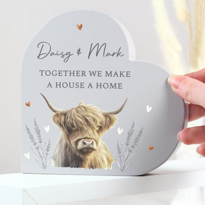 Personalised Highland Cow Wooden Heart Ornament