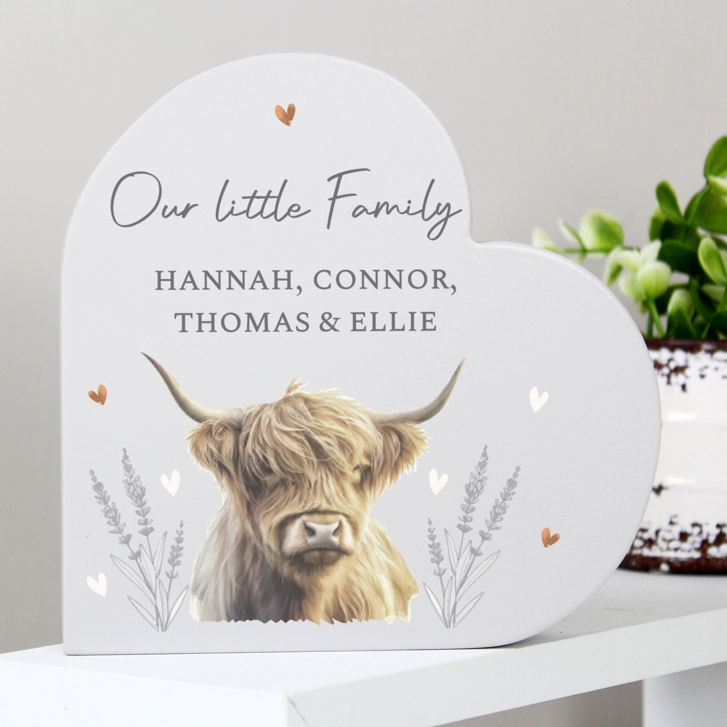 Personalised Highland Cow Wooden Heart Ornament