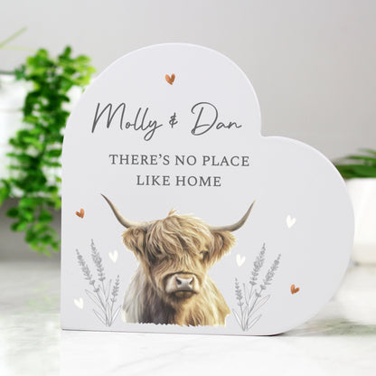 Personalised Highland Cow Wooden Heart Ornament