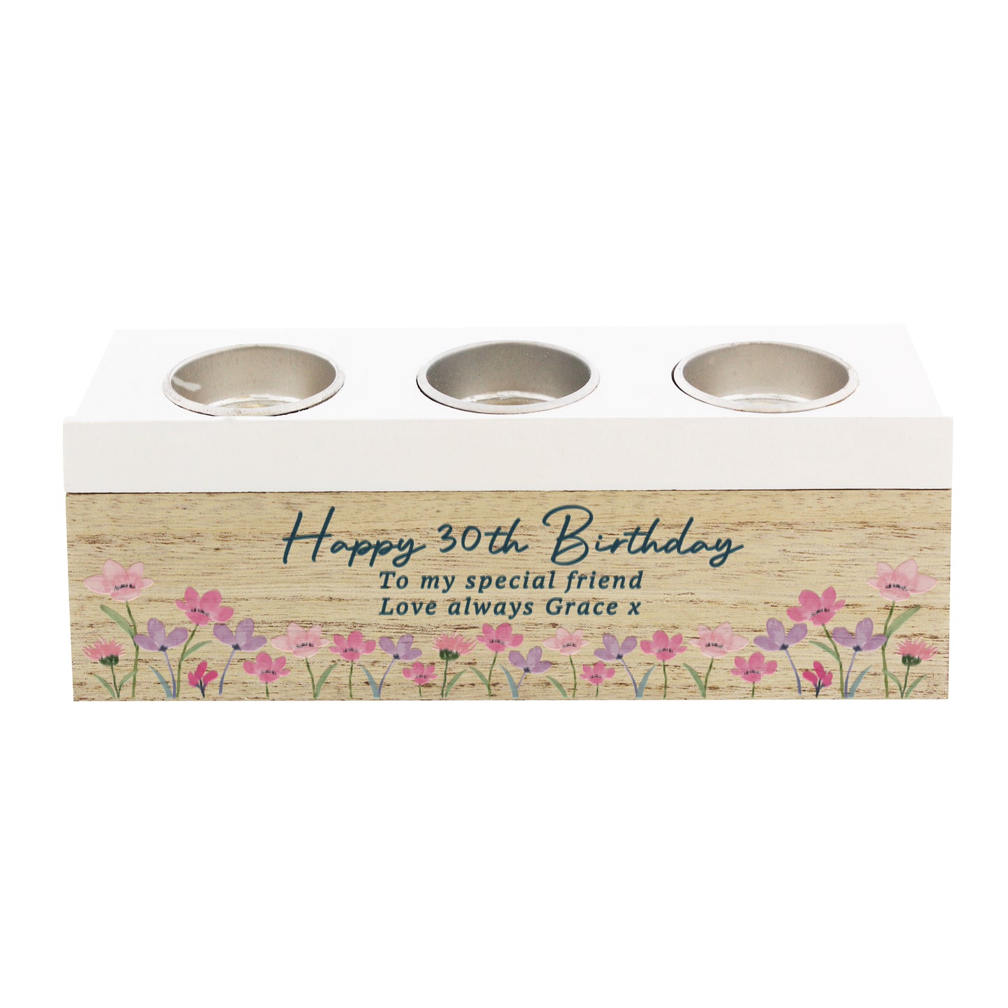 Personalised Floral Wooden Triple Tea Light Box