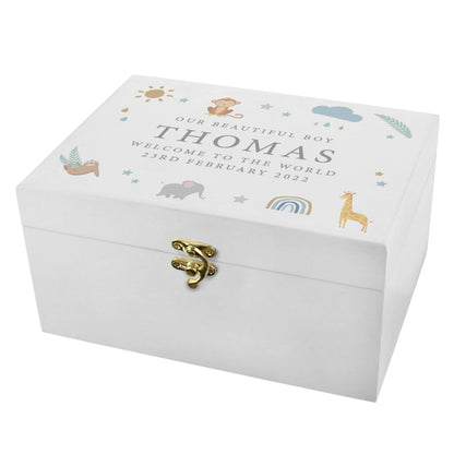 Personalised Safari Animals White Wooden Keepsake Box