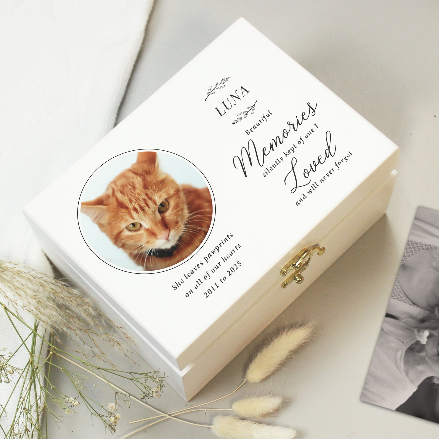 Personalised Memorial Photo Upload White Wooden Box