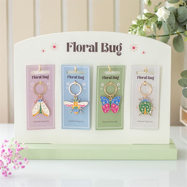 Set of 24 Floral Bug Keyrings on Display