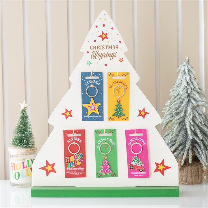 Set of 25 Nostalgic Christmas Keyrings on Display
