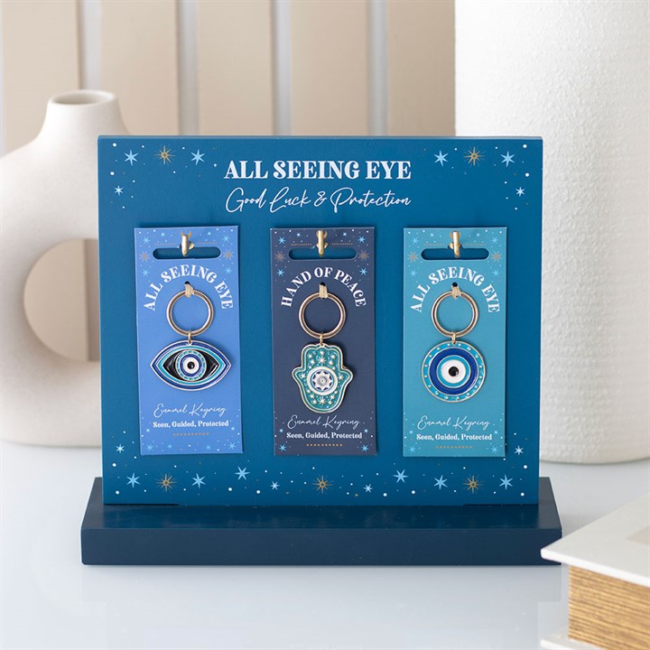 Set of 18 All Seeing Eye Keyrings on Display