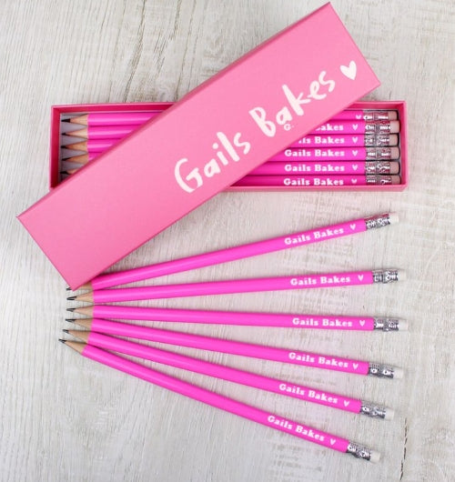 Personalised Heart Box and 12 Pink HB Pencils Business Name