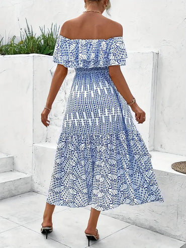 Elegant Off-Shoulder Floral Print Maxi Dress with Ruffle Detail - Blue & White