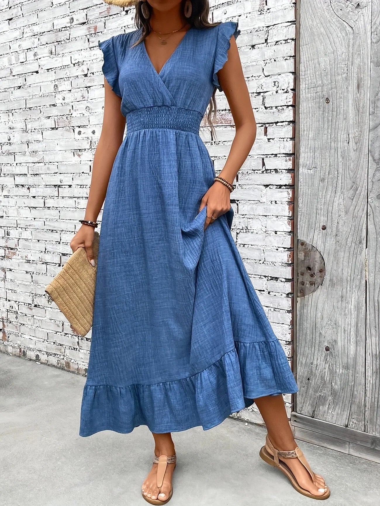 Women's Casual V-Neck Floral Print Dress - Lightweight
