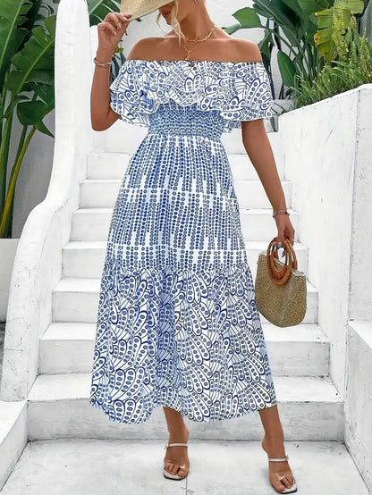 Elegant Off-Shoulder Floral Print Maxi Dress with Ruffle Detail - Blue & White