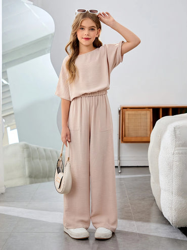 2pcs Young Tween Girl Casual Solid Color Round Neck Short Sleeve Set 5-14 years
