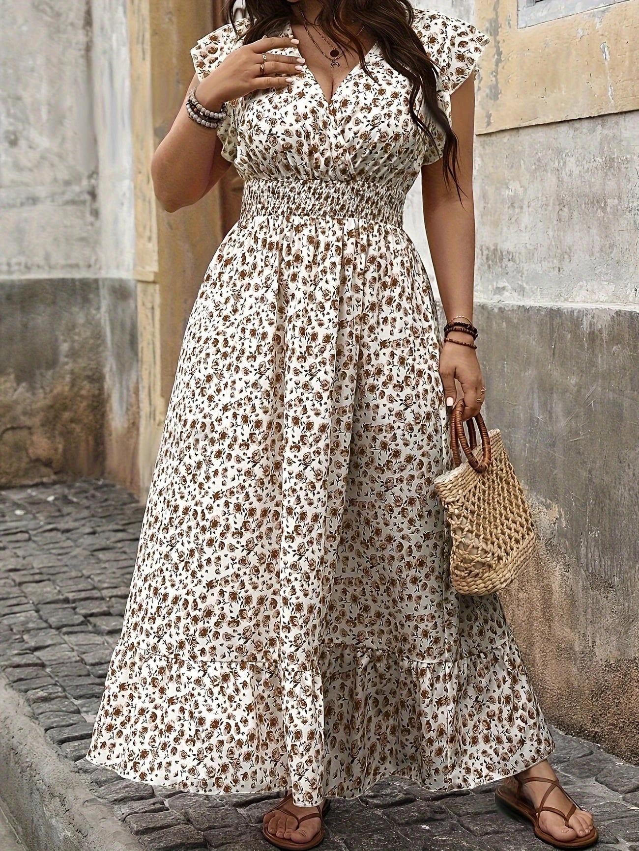 Shirred Waist Dress, Elegant Floral Print  Curve Dress