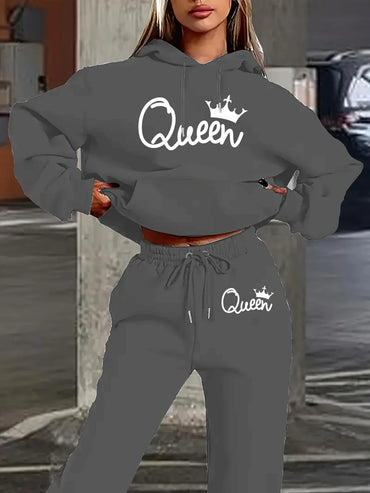 Two-Piece Queen Print Hoodie and Pants Set - Women's Clothing