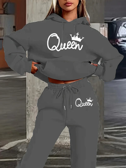 Two-Piece Queen Print Hoodie and Pants Set - Women's Clothing