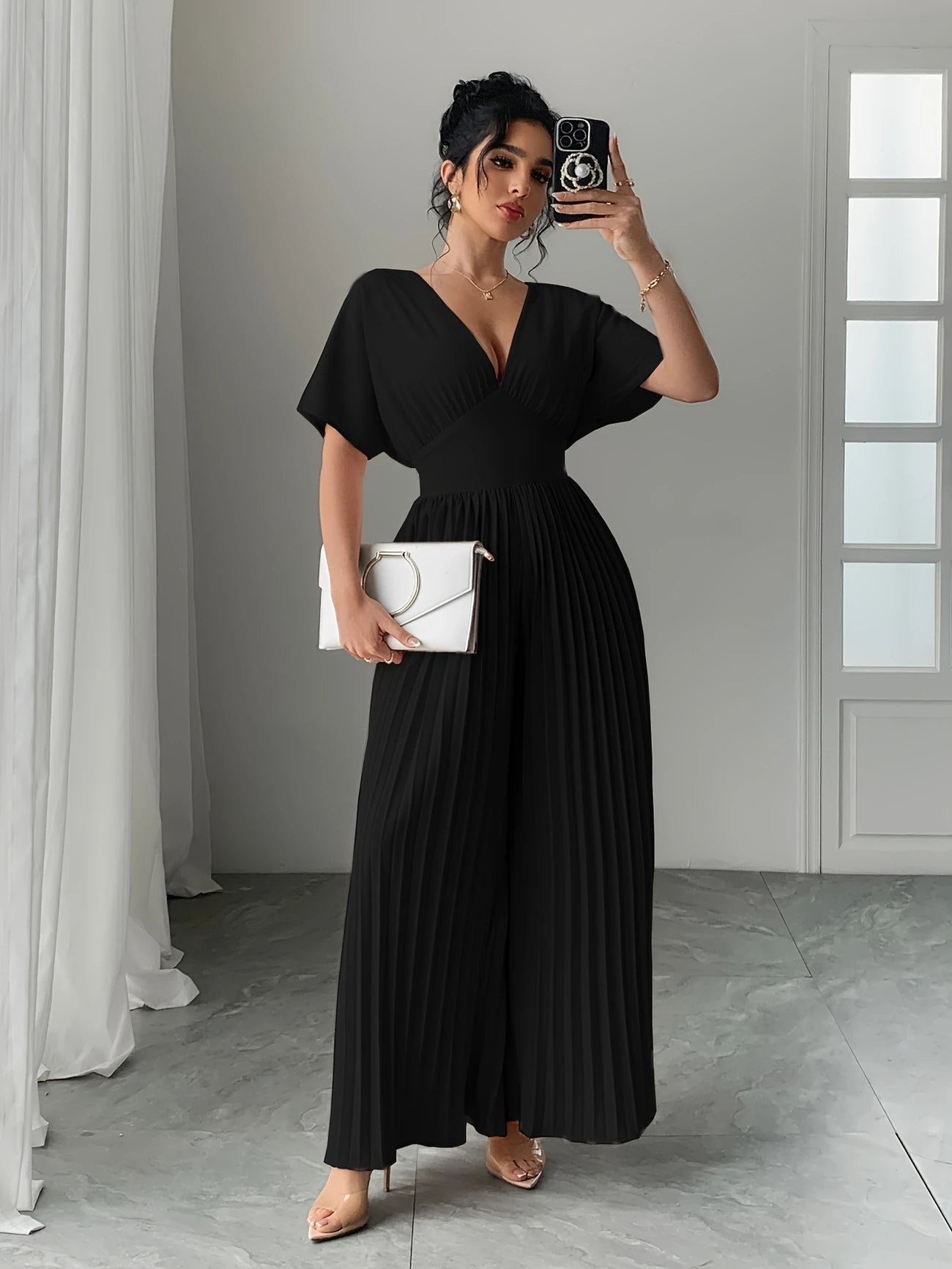 Women's Solid Deep V-Neck Bat Wing Pleat Elegant Jumpsuit Black or Beige 6 - 26