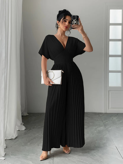 Women's Solid Deep V-Neck Bat Wing Pleat Elegant Jumpsuit Black or Beige 6 - 26