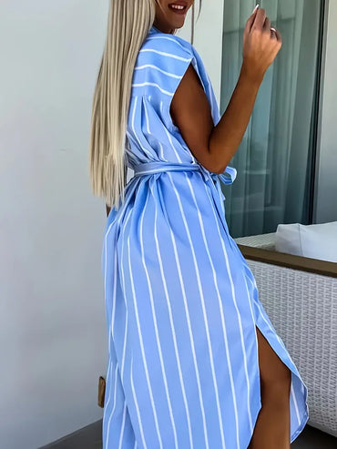 Women's Vibrant Blue Striped Shirt Dress with Belt