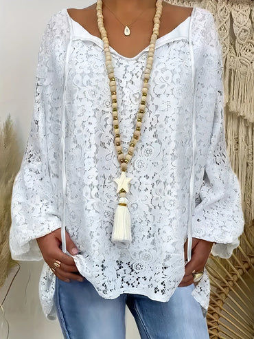 White Lace V-Neck Top - Long Sleeve, Loose Fit Curve