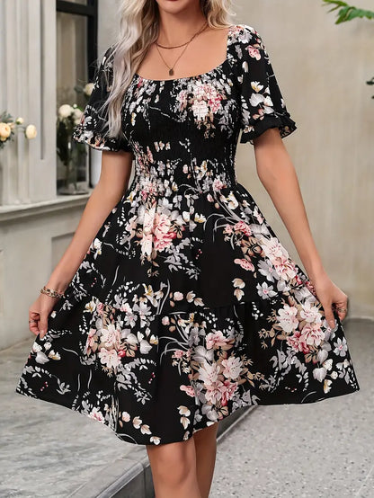Floral Print Square Neck Ruffled Dress