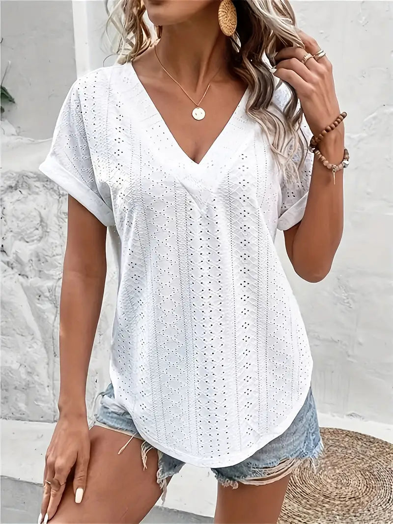 Curve Solid Colour V-Neck Hollow Out Short Sleeve T-Shirt,