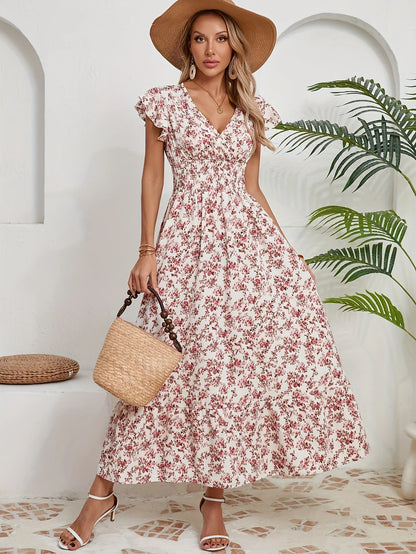 Women's Casual V-Neck Floral Print Dress - Lightweight