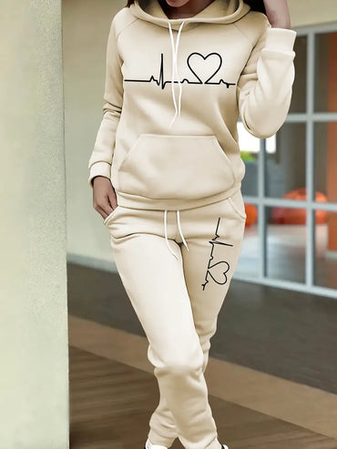 Heartbeat Print Hoodie with Kangaroo Pocket & Matching Joggers