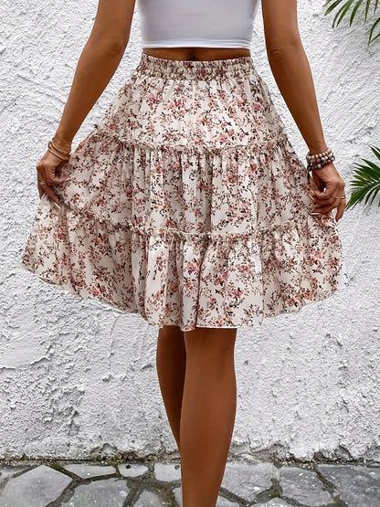 Elegant Floral Print Elastic Waist A-line Knee Length Skirt