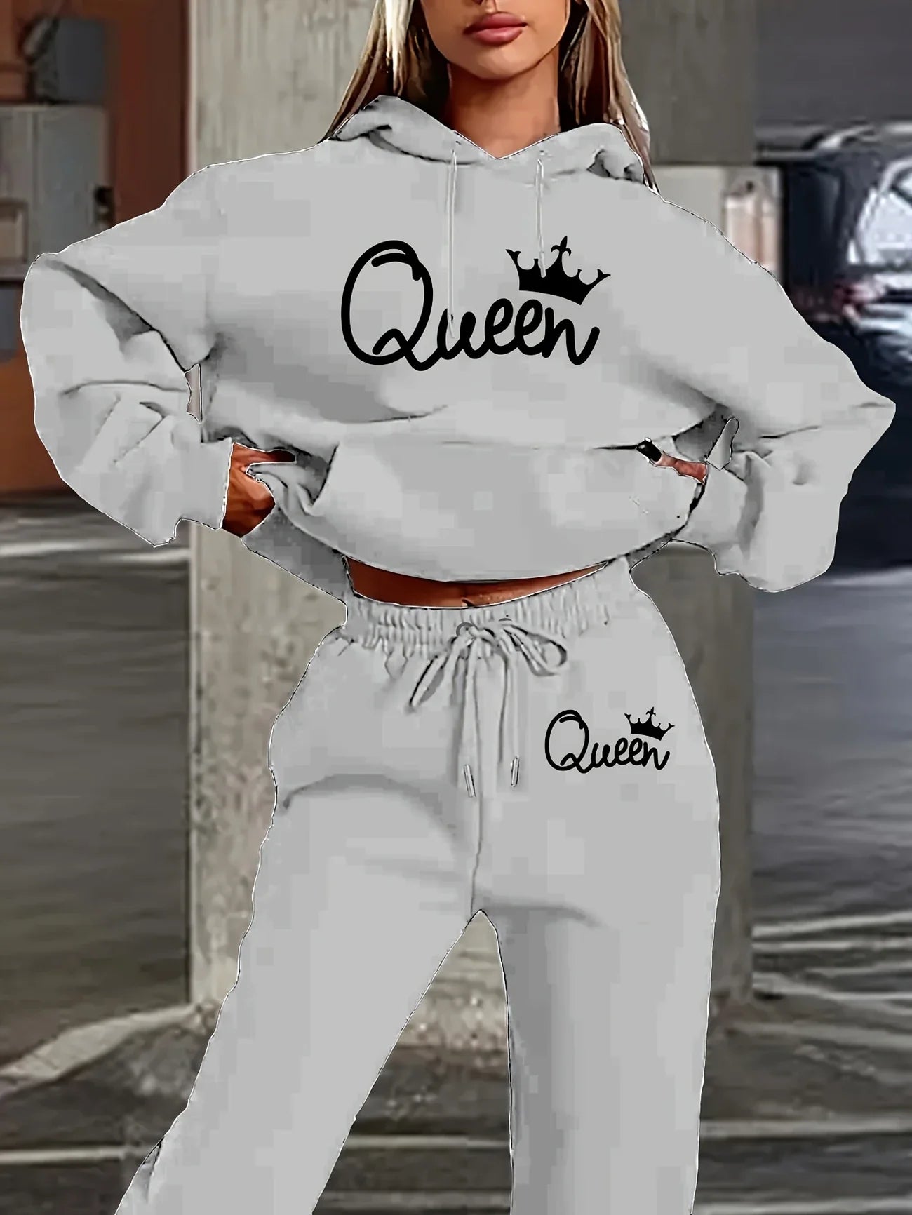 Two-Piece Queen Print Hoodie and Pants Set - Women's Clothing