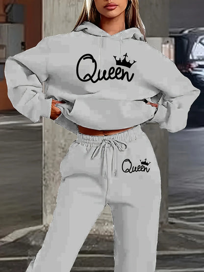 Two-Piece Queen Print Hoodie and Pants Set - Women's Clothing