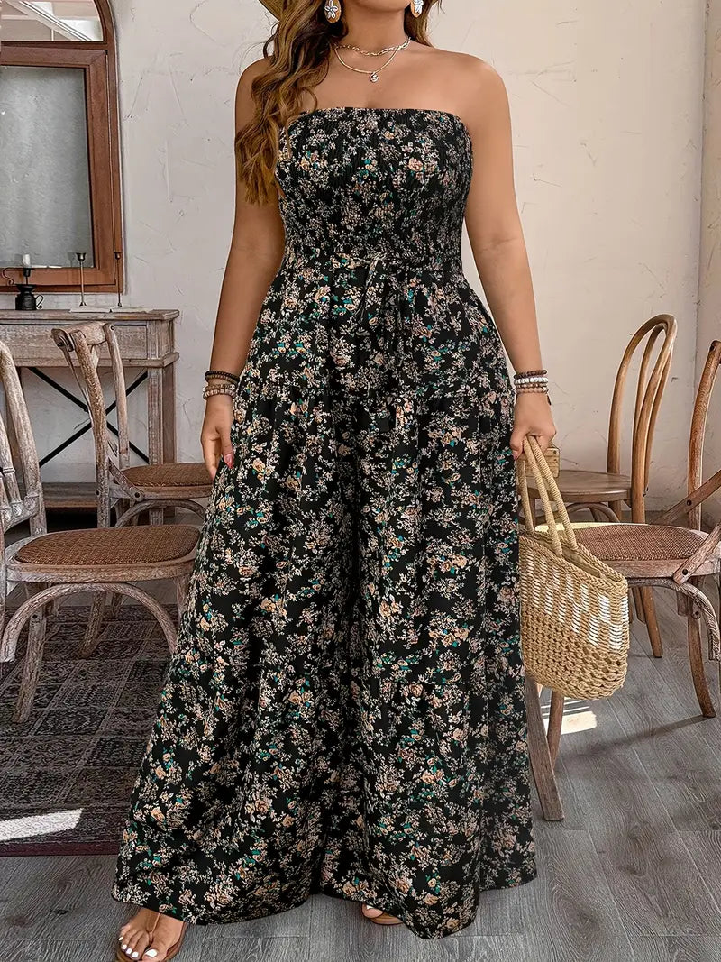 Elegant Off-Shoulder Floral Print Wide-Leg Jumpsuit Curve