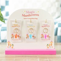 Set of 18 Aura Mushroom Keyrings on Display